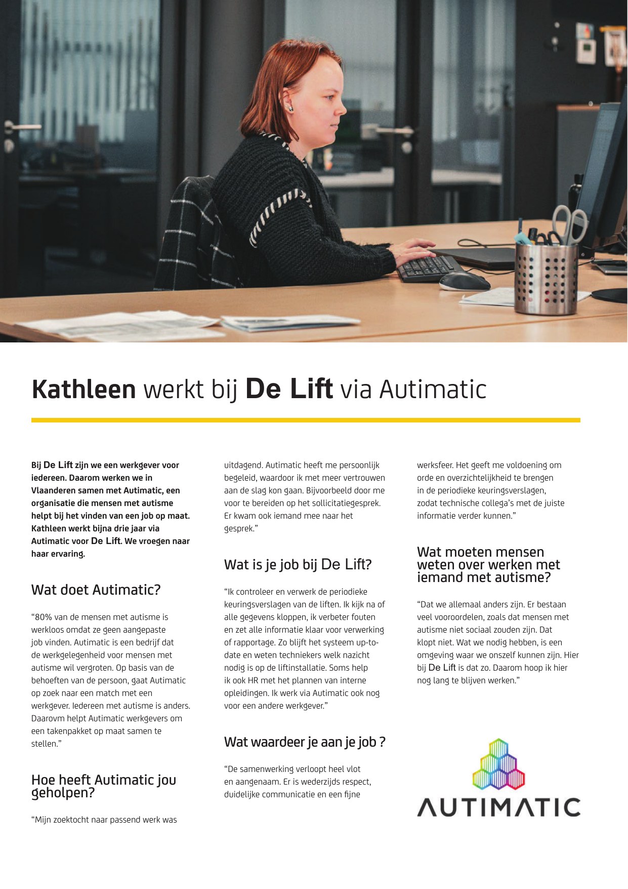 Pagina 1 van het interview met Kathleen in het personeelsblad van De Lift.